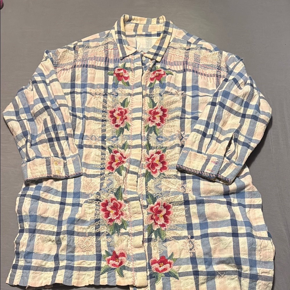 Blue and Cream Checkered Shirt with Red Floral Embroidery